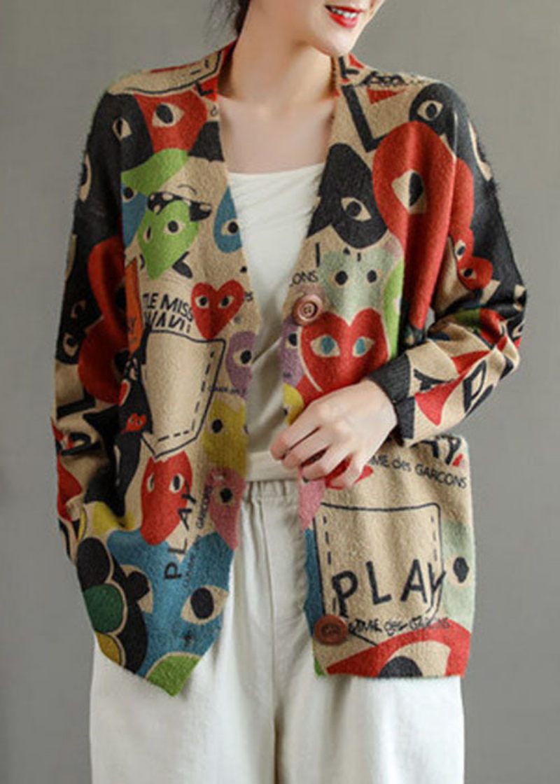 Monteret Sort Rød Oversized Print Mink Hår Strikket Cardigan Spring