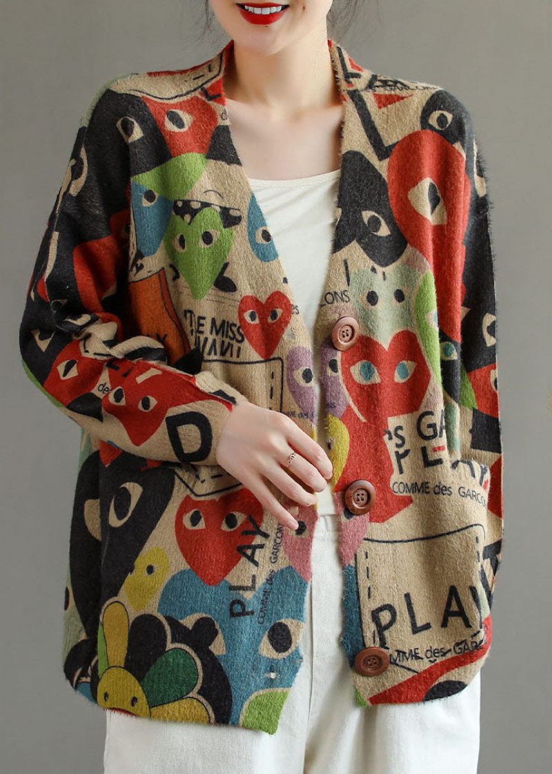 Monteret Sort Rød Oversized Print Mink Hår Strikket Cardigan Spring - Sort Rød