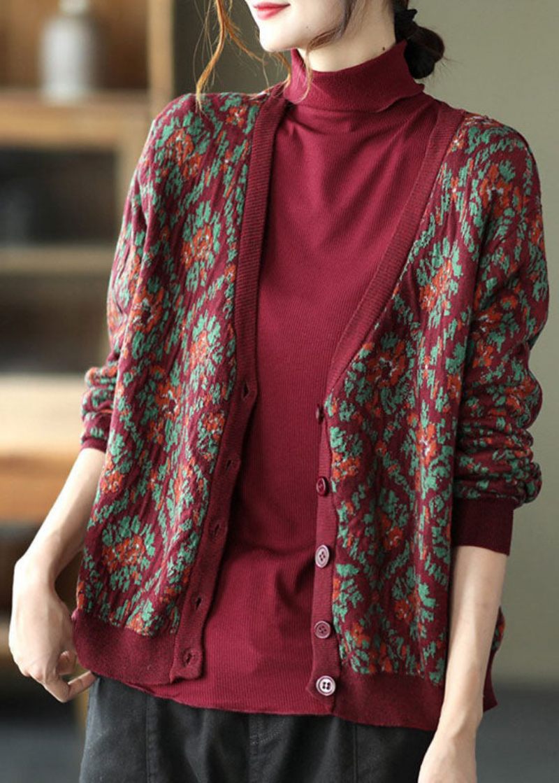 Mulberry Print Strik Løs Cardigan V-hals Knap Spring