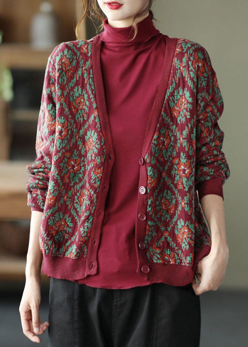 Mulberry Print Strik Løs Cardigan V-hals Knap Spring - Dame cardigans