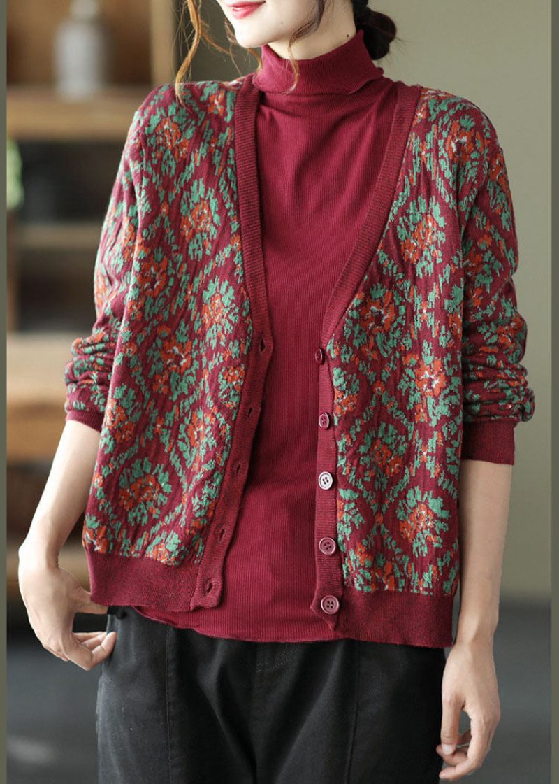 Mulberry Print Strik Løs Cardigan V-hals Knap Spring - Dame cardigans