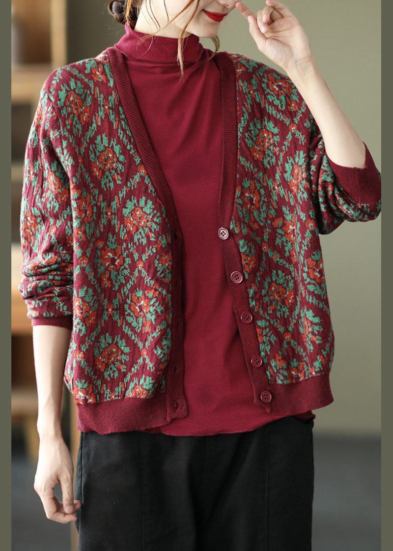 Mulberry Print Strik Løs Cardigan V-hals Knap Spring - Dame cardigans