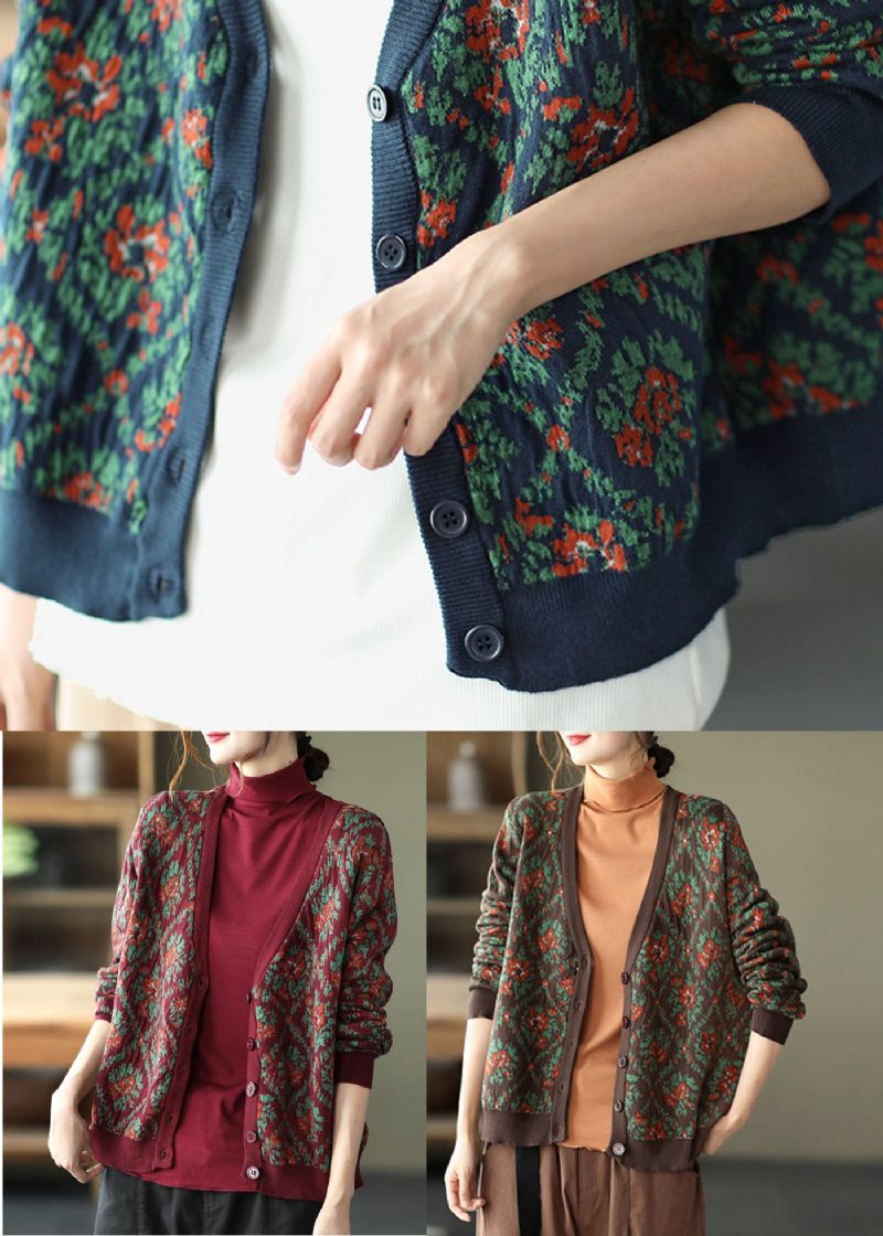 Mulberry Print Strik Løs Cardigan V-hals Knap Spring - Dame cardigans