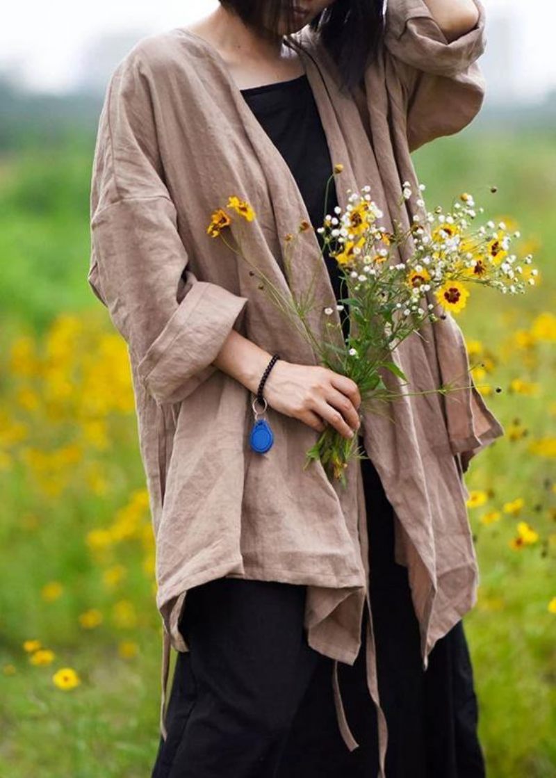 Naturlig Hør Top Silhuet Plus Størrelse Casual Pure Color Snøring Langærmet Frakke - Sortgrøn