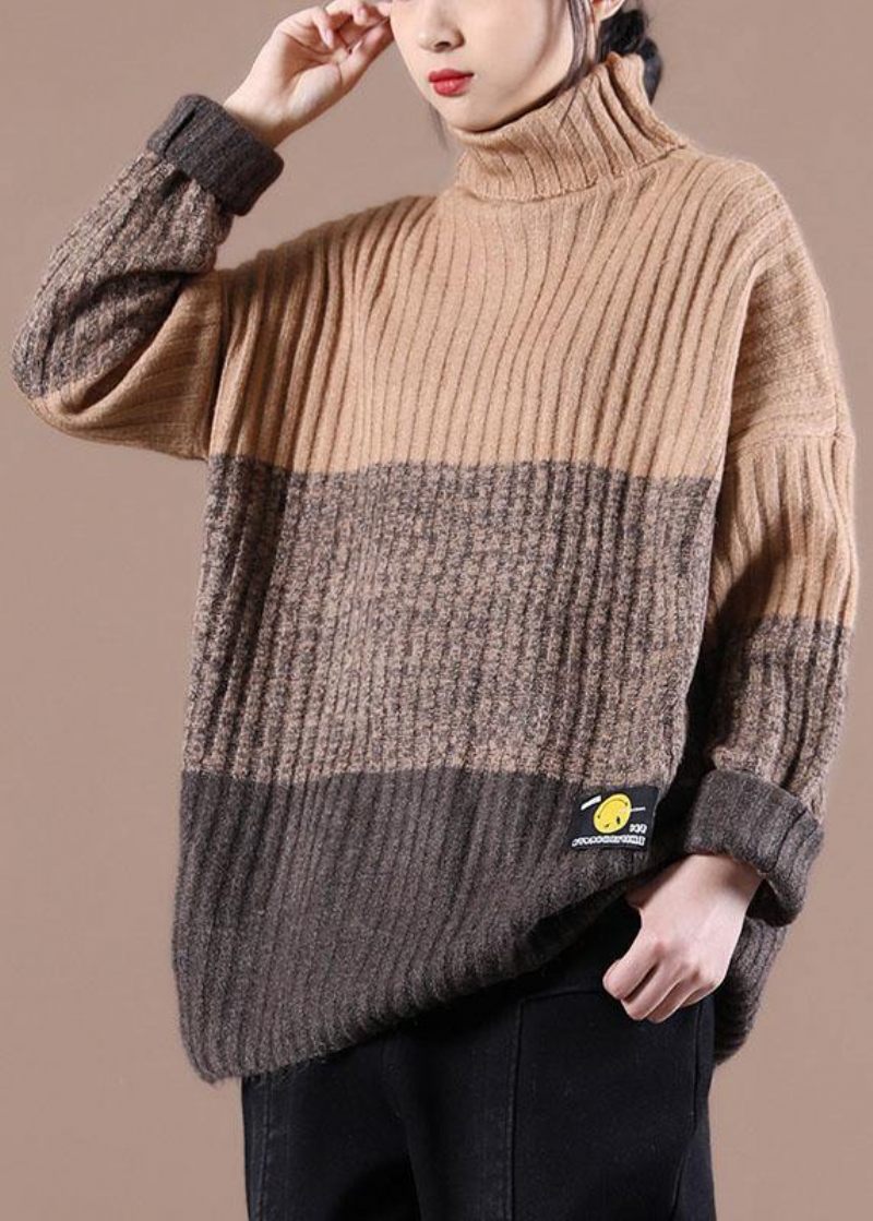 Naturlig Khaki Colorblock Højhalset Efterårsstrikket Sweater