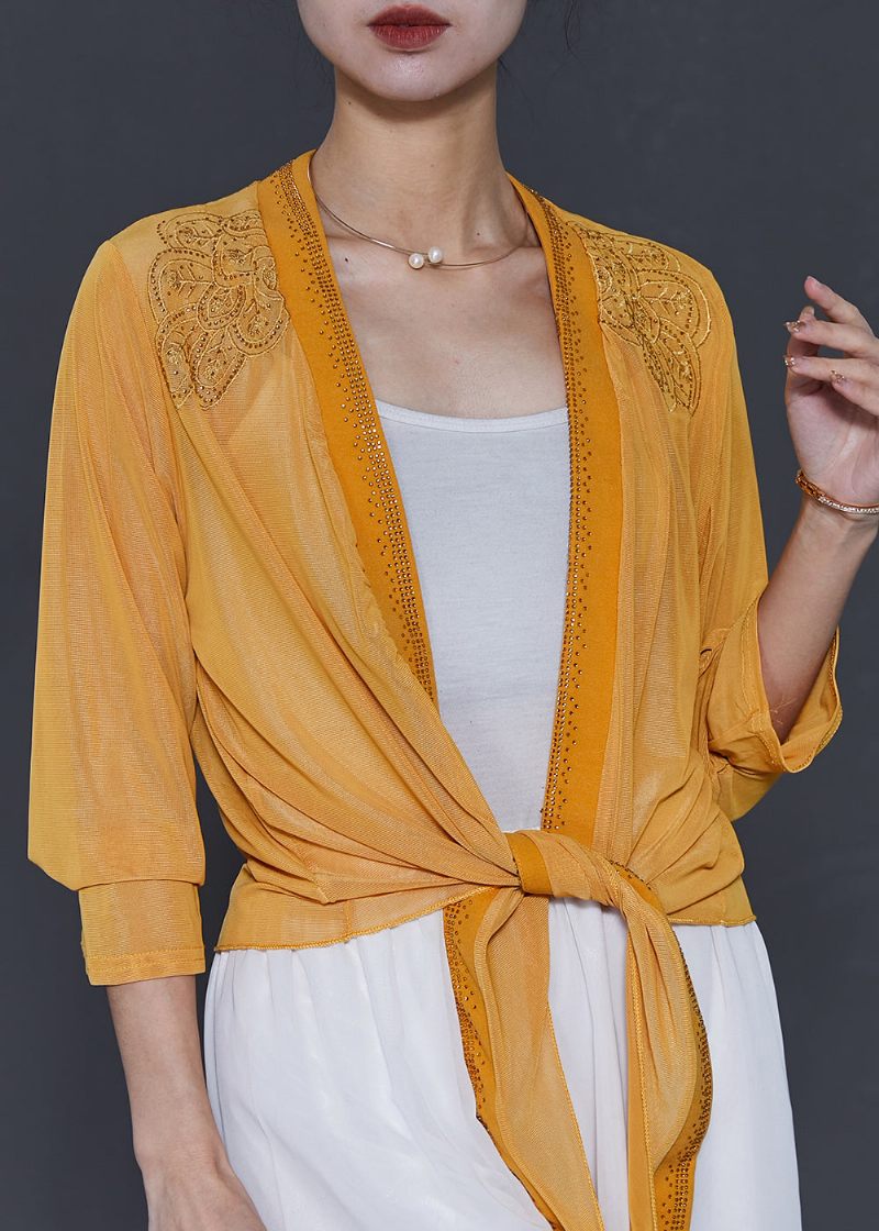 Naturlige Gule Broderede Chiffon Cardigans Sommer