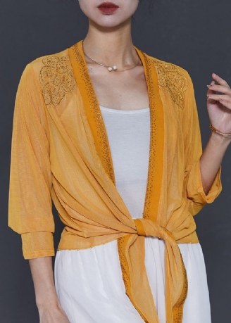 Naturlige Gule Broderede Chiffon Cardigans Sommer