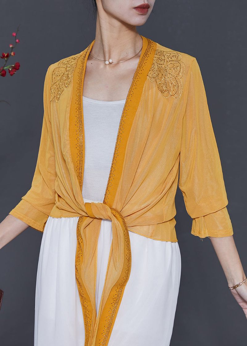 Naturlige Gule Broderede Chiffon Cardigans Sommer - Dame cardigans