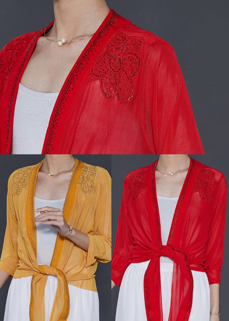 Naturlige Gule Broderede Chiffon Cardigans Sommer - Dame cardigans