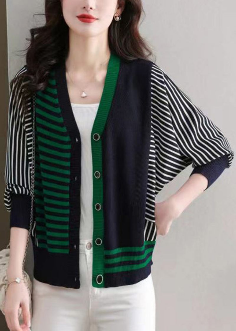 Navy Hyggelig Patchwork Strik Cardigans Stribede Lange Ærmer - Dame cardigans