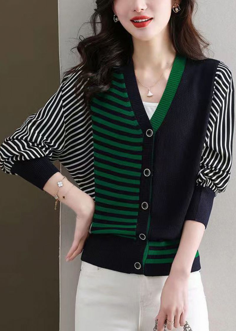 Navy Hyggelig Patchwork Strik Cardigans Stribede Lange Ærmer - Dame cardigans