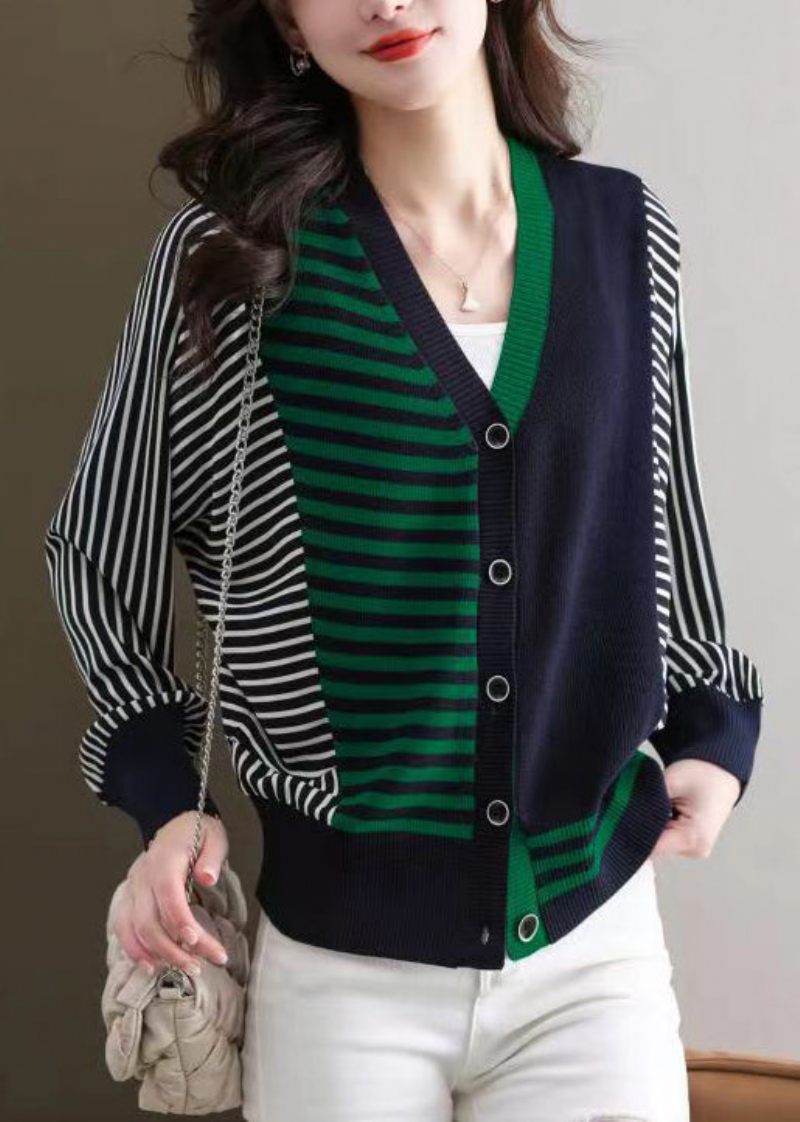 Navy Hyggelig Patchwork Strik Cardigans Stribede Lange Ærmer - Dame cardigans