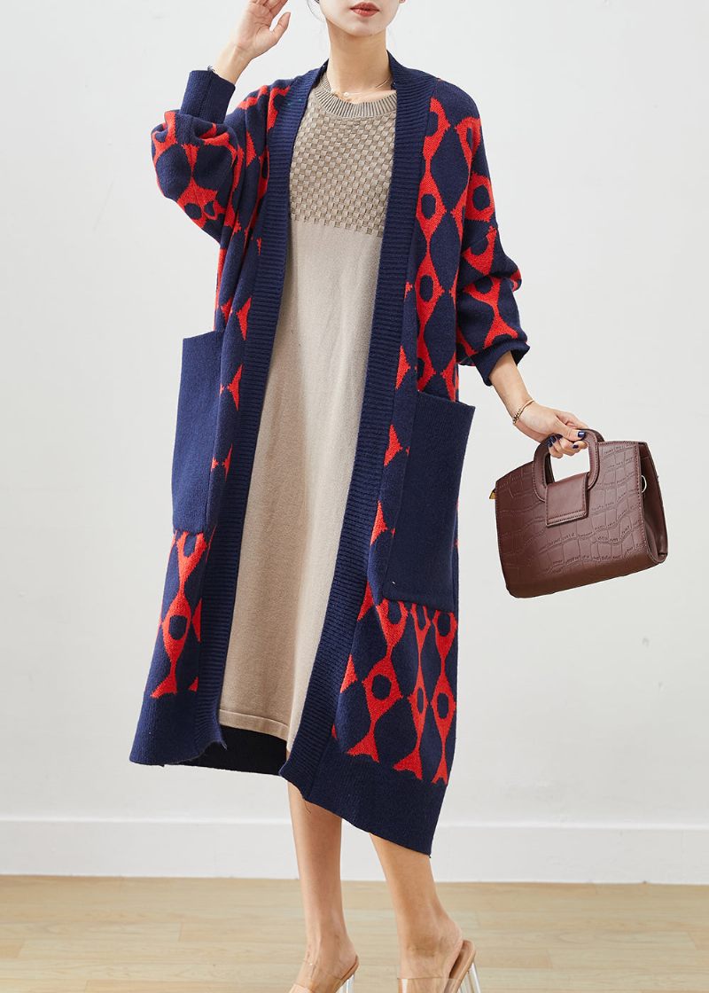 Navy Print Strik Cardigan Oversized Lommer Fall