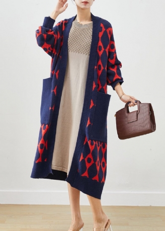 Navy Print Strik Cardigan Oversized Lommer Fall