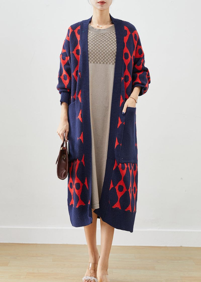 Navy Print Strik Cardigan Oversized Lommer Fall - Dame cardigans