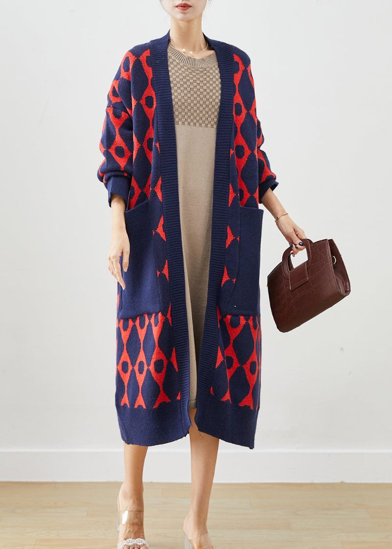 Navy Print Strik Cardigan Oversized Lommer Fall - Dame cardigans