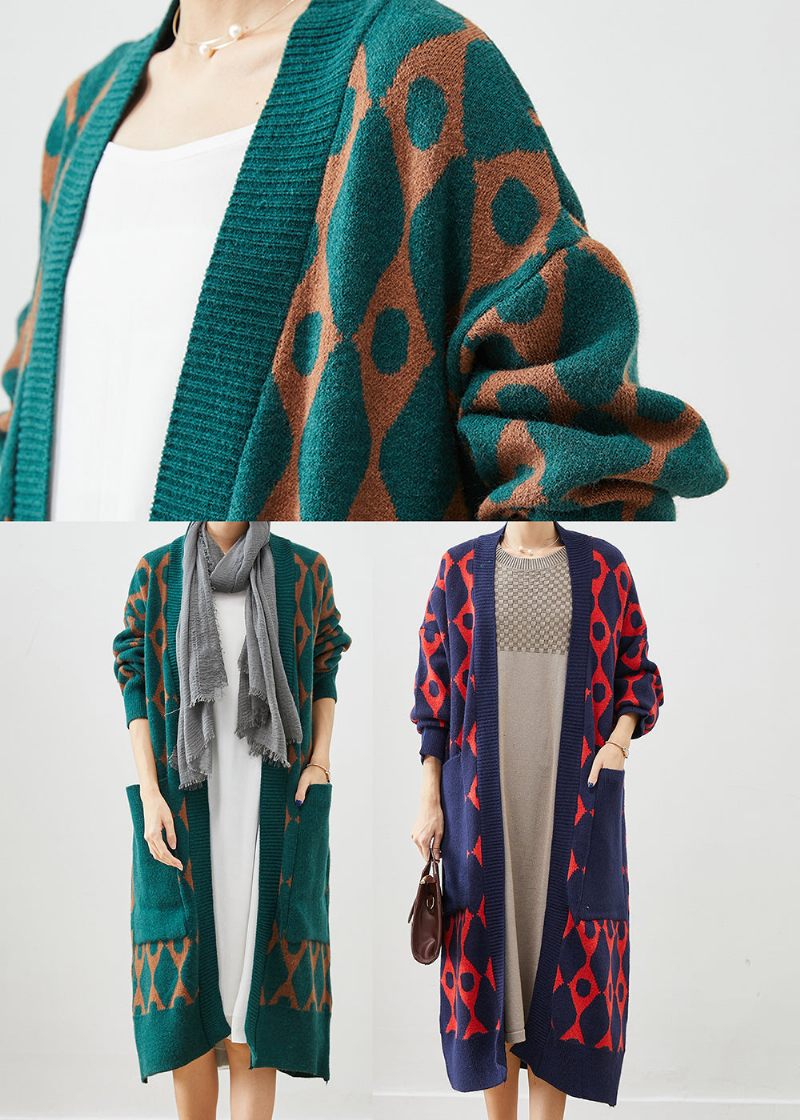 Navy Print Strik Cardigan Oversized Lommer Fall - Dame cardigans