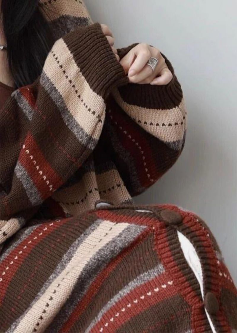 Ny Kaffe V-hals Stribet Knap Patchwork Hyggelig Strik Løs Frakke Efterår - Dame cardigans