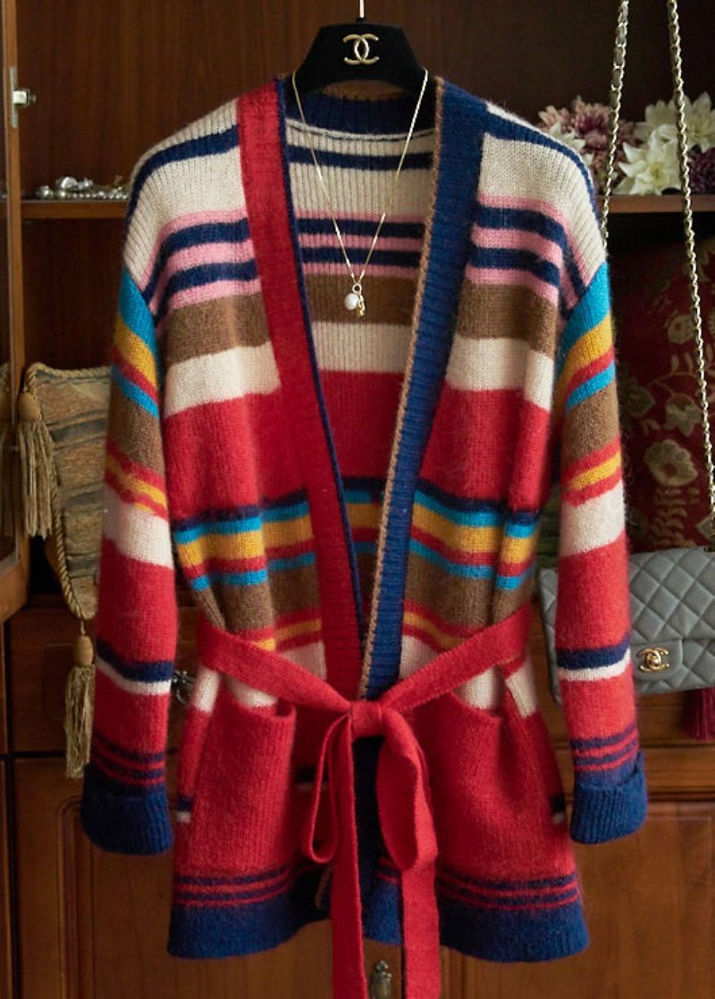 Nye Stribede Binde-taljelommer Patchwork Strik Cardigan Fall - Dame cardigans