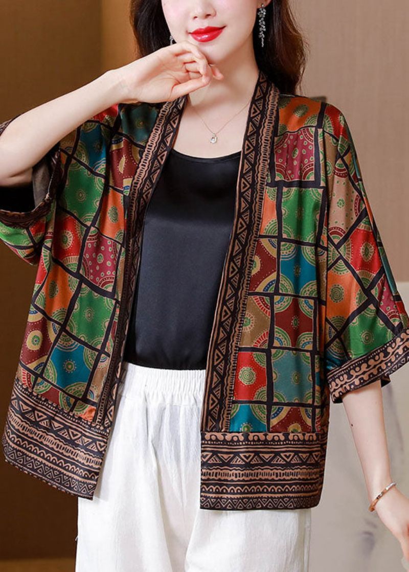 Økologisk Colorblock Patchwork Plaid Silke Cardigan Sommer - Dame cardigans