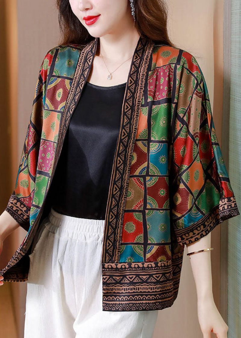 Økologisk Colorblock Patchwork Plaid Silke Cardigan Sommer - Dame cardigans