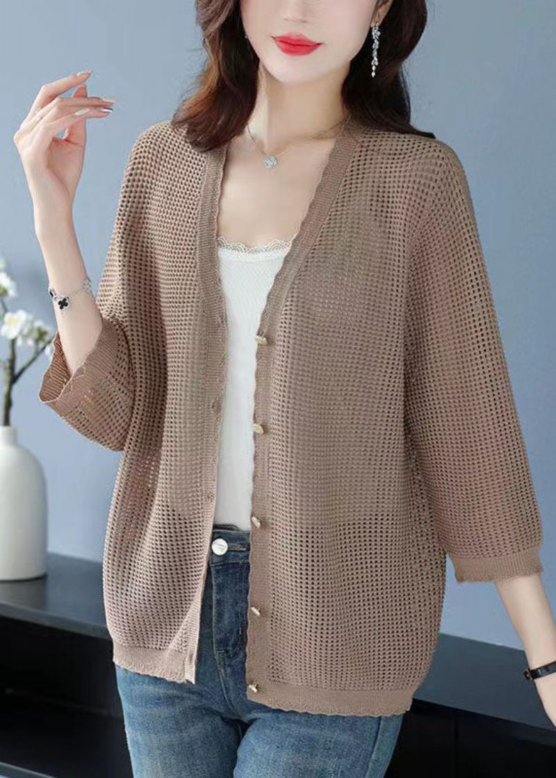 Økologisk Grøn V-hals Hul Ud Patchwork Strik Cardigan Sommer - Dame cardigans