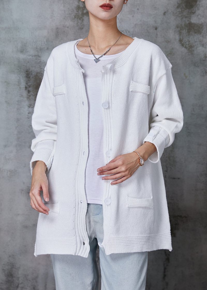 Økologisk Hvid O-hals Button Down Strik Cardigan Spring - Dame cardigans