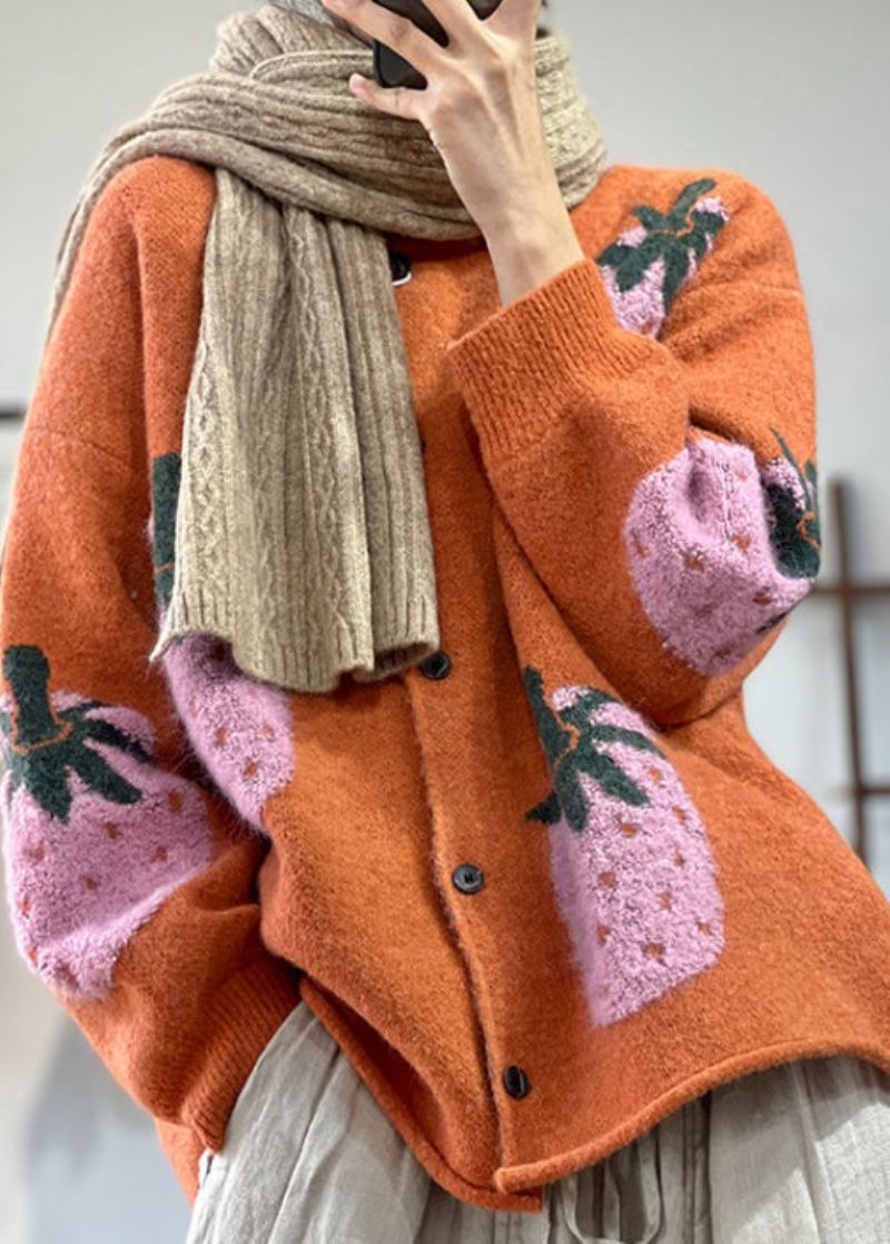 Økologisk Orange O-hals Jacquard Uldne Løse Cardigans Batwing Ærme - Dame cardigans