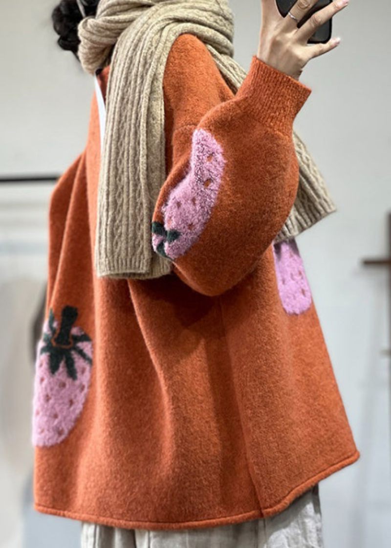 Økologisk Orange O-hals Jacquard Uldne Løse Cardigans Batwing Ærme - Dame cardigans