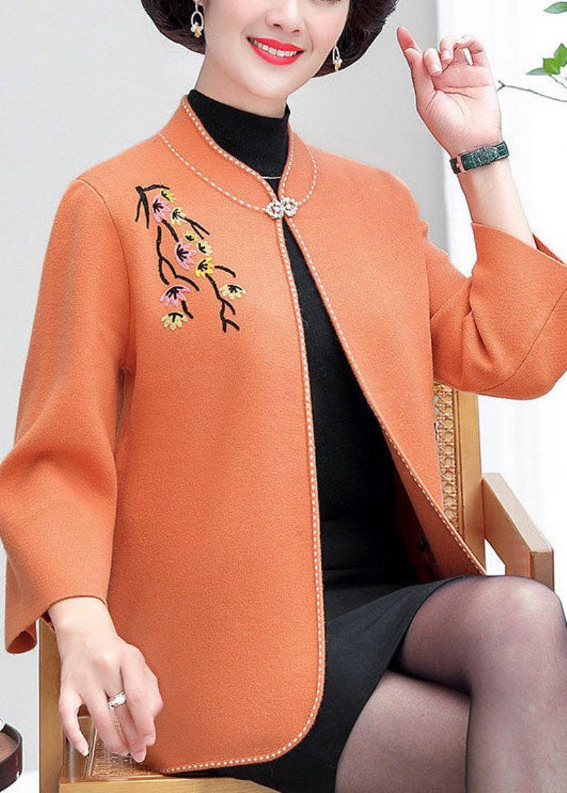 Orange Uld Cardigans Broderet Standkrave Vinter