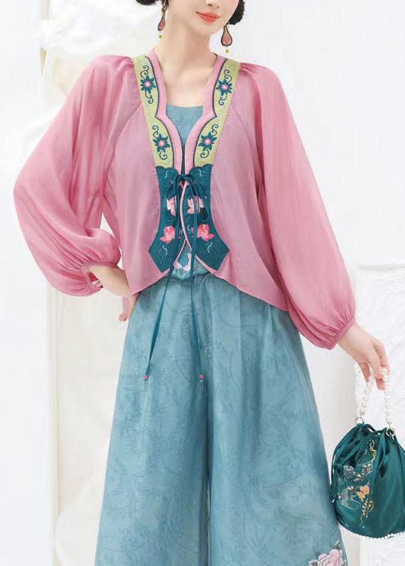 Original Design Pink Broderet Chiffon Cardigans Snøre-cardigans Lanterneærme