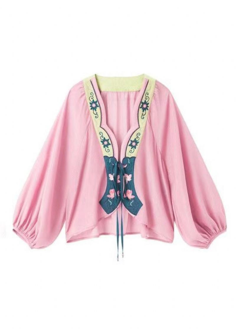 Original Design Pink Broderet Chiffon Cardigans Snøre-cardigans Lanterneærme - Dame cardigans