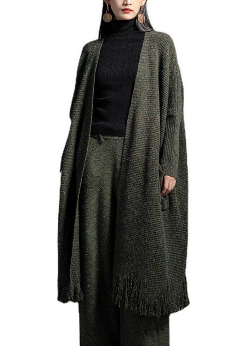 Oversized Grøn Kvast Strik Løs Cardigan Fjeder - Dame cardigans