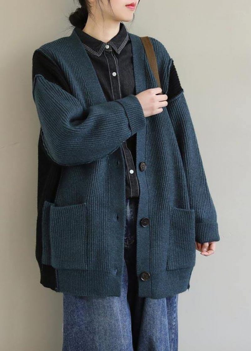 Oversized Spring Green Knit Sweat Toppe Oversize V-hals Button Down Sweater - Grå