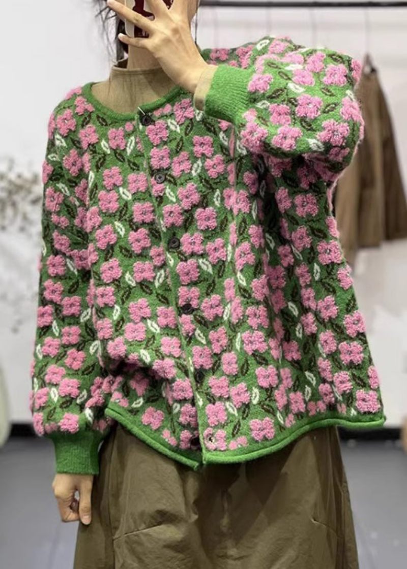 Pink Blomster O-hals Knap Patchwork Bomuld Strik Frakker Lange Ærmer - Dame cardigans