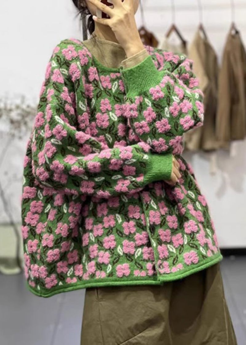 Pink Blomster O-hals Knap Patchwork Bomuld Strik Frakker Lange Ærmer - Dame cardigans