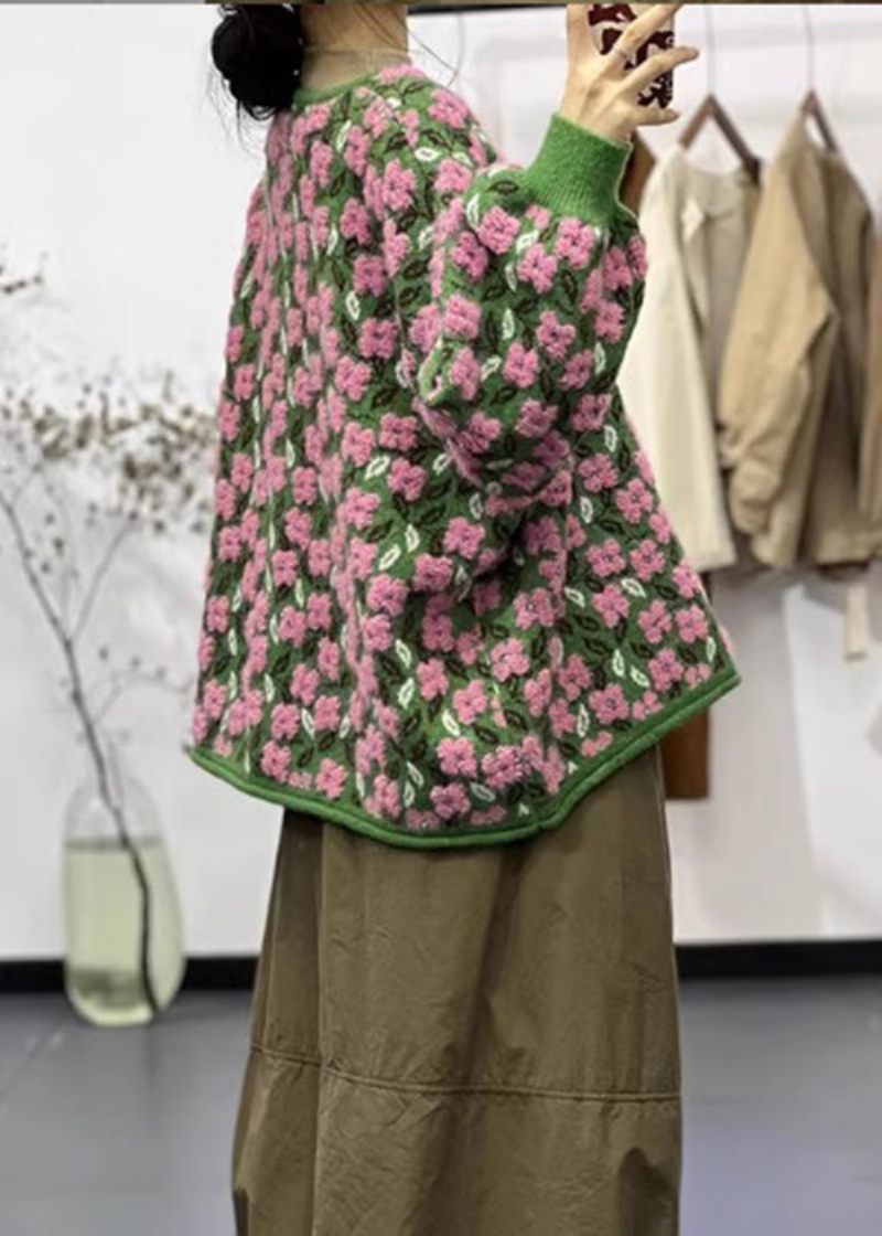 Pink Blomster O-hals Knap Patchwork Bomuld Strik Frakker Lange Ærmer - Dame cardigans