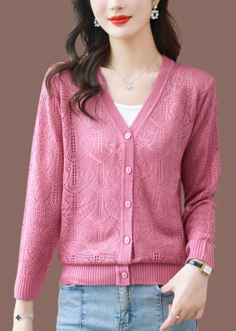 Pink Hollow Out Ice Størrelse Cozy Knit Cardigans Lange Ærmer