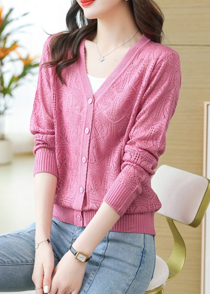 Pink Hollow Out Ice Størrelse Cozy Knit Cardigans Lange Ærmer - Pink