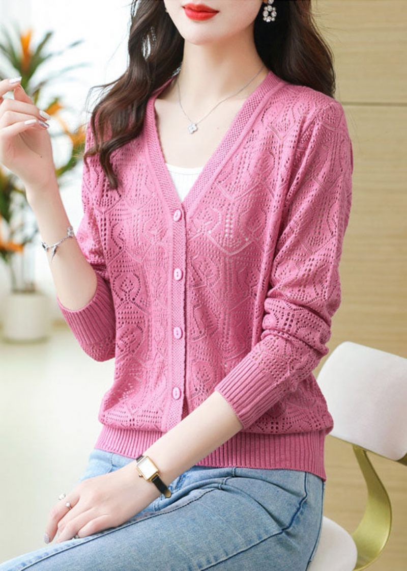 Pink Hollow Out Ice Størrelse Cozy Knit Cardigans Lange Ærmer - Pink