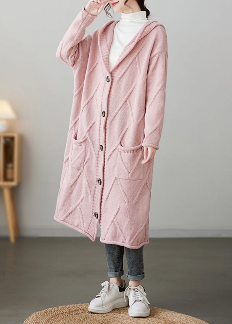 Pink Lommer Knap Patchwork Løs Strik Cardigan Hætte Efterår