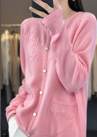 Pink O-hals Solid Cashmere Strik Cardigan Fall