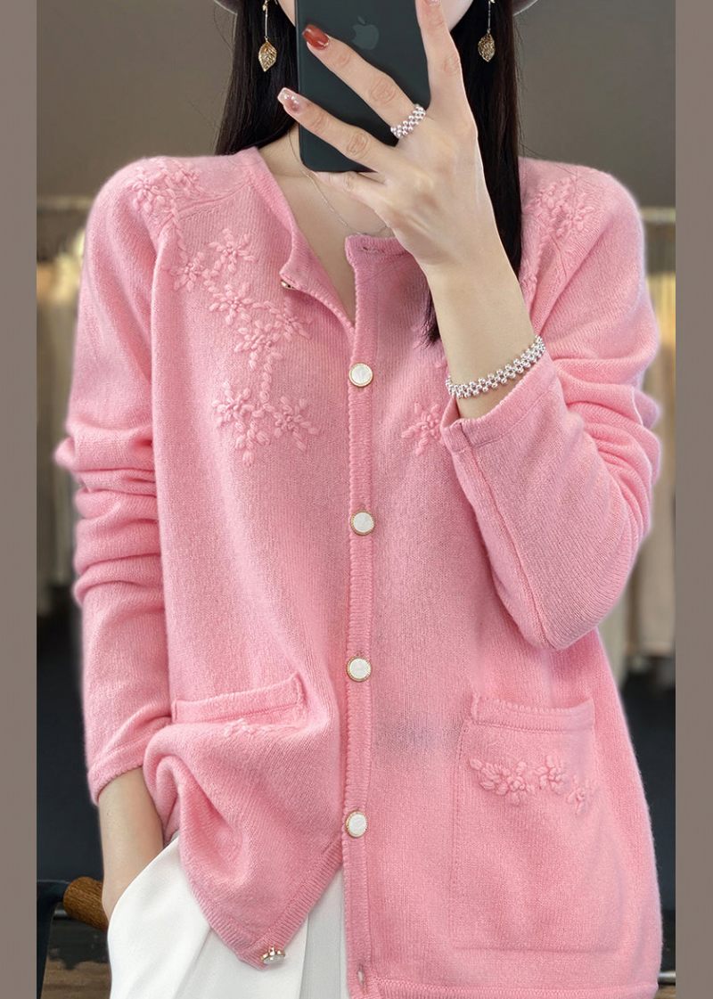 Pink O-hals Solid Cashmere Strik Cardigan Fall - Pink