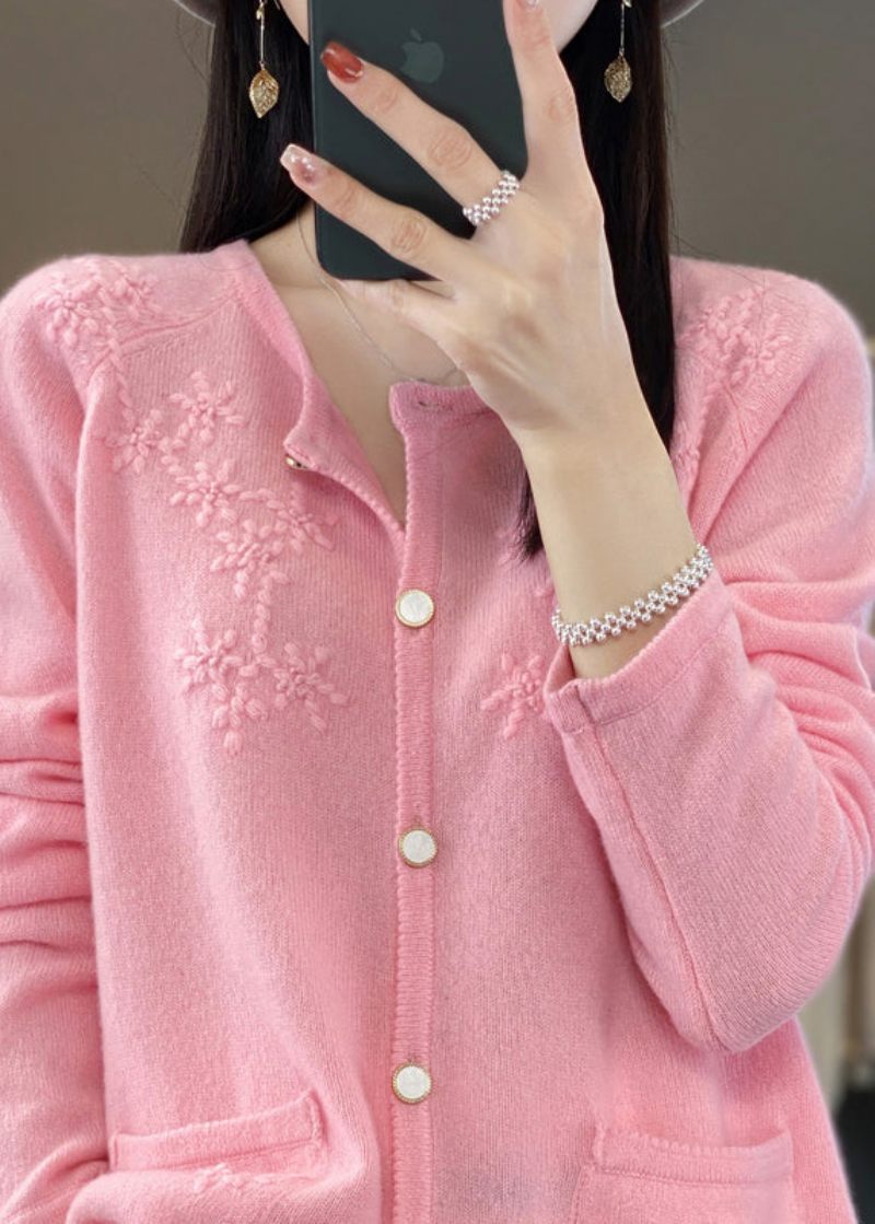 Pink O-hals Solid Cashmere Strik Cardigan Fall - Pink