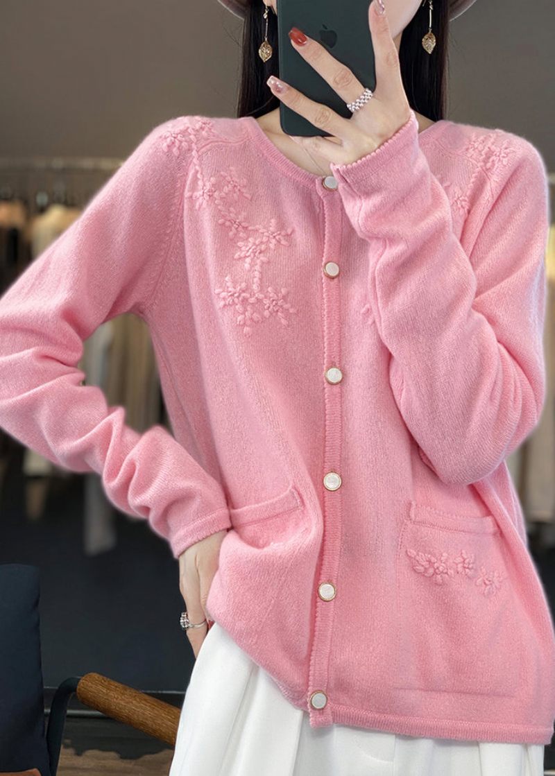 Pink O-hals Solid Cashmere Strik Cardigan Fall - Pink