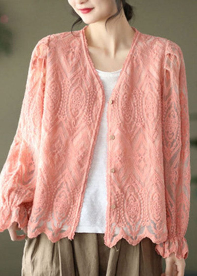 Pink Patchwork Blonde Cardigans V-hals Flare Ærme