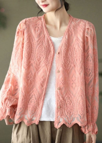 Pink Patchwork Blonde Cardigans V-hals Flare Ærme