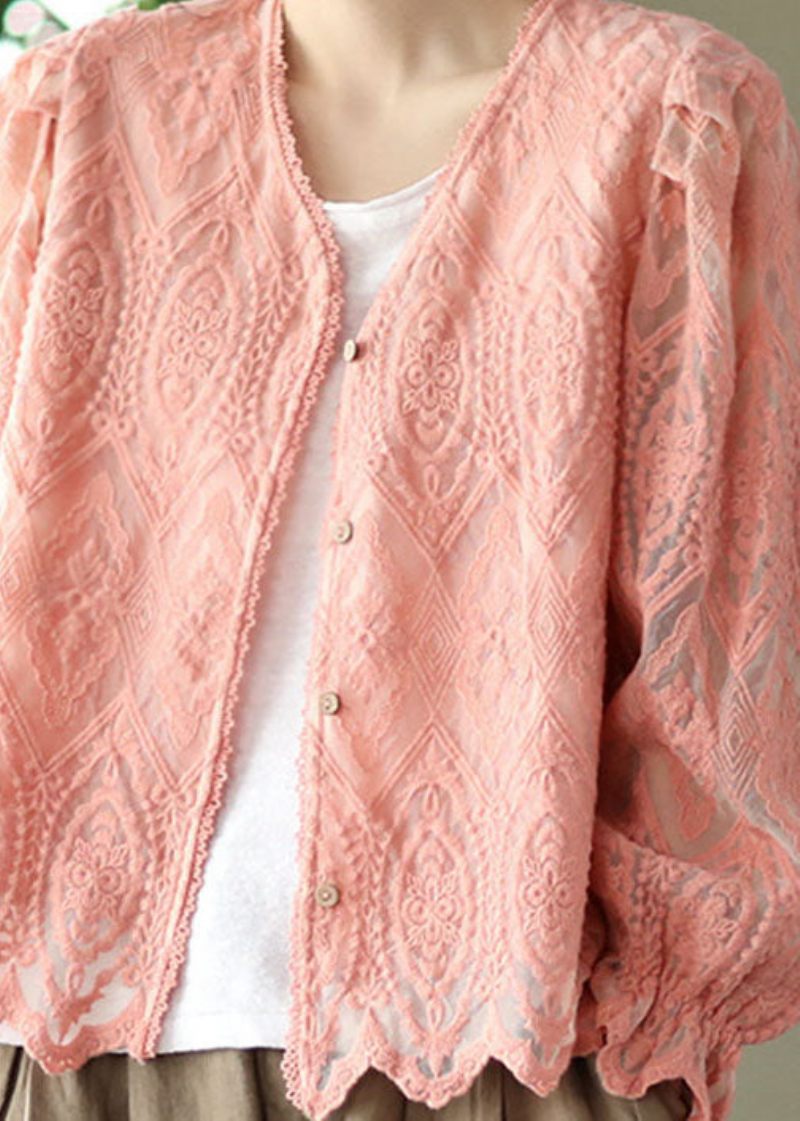 Pink Patchwork Blonde Cardigans V-hals Flare Ærme - Dame cardigans