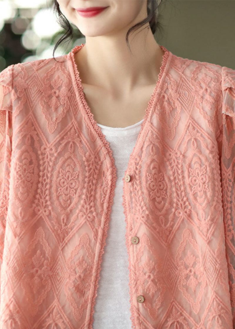 Pink Patchwork Blonde Cardigans V-hals Flare Ærme - Dame cardigans