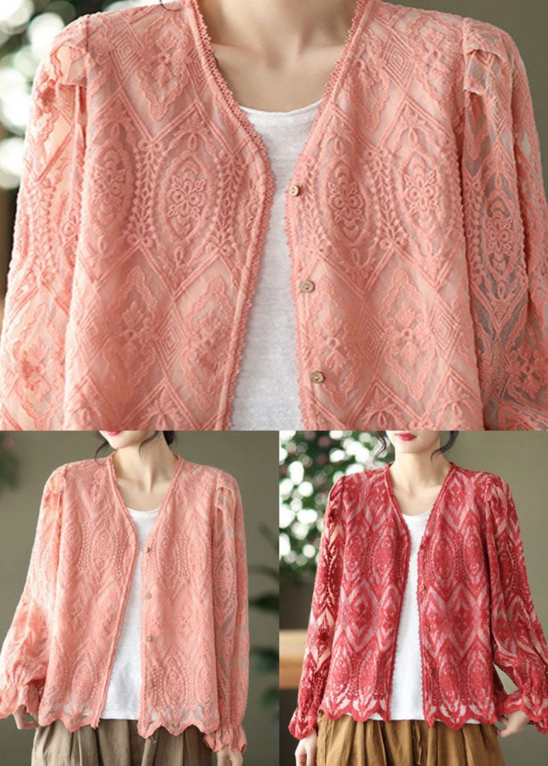 Pink Patchwork Blonde Cardigans V-hals Flare Ærme - Dame cardigans